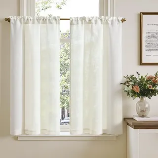 TOPICK Scheibengardinen Cream Weiß Leinenoptik Bistrogardine Wohnzimmer Küche Kleine Fenster Lichtdurchlässig Küchenvorhänge Kurz Gardinen Moderne Landhaus Scheibengardinen Tunnelzug 2er Set 65x115 cm