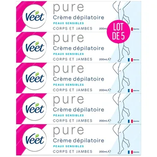 VEET Pure Enthaarungscreme für Körper & Beine – empfindliche Haut – ohne Amoniakgeruch – 5 x 200 ml