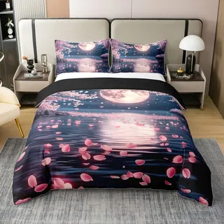 Kirschblüte 100% Baumwolle Bettbezug 135x200 für Kinder Teens Erwachsene,Japanischer Stil Bettwäsche Set,Traditioneller Mond Tröster Bezug,Verträumter Sternenhimmel Bett Set mit 1 Kissenbezug