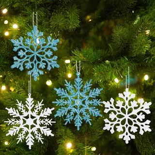 ENLACE Schneeflocken Deko Christbaumschmuck Anhänger, 24 Stück Weihnachtsbaum Dekoration 4 Stile, 10cm Weihnachtsbaumschmuck Weiß Blau Schneeflocken, Glitzer Weihnachtsdeko Baumschmuck Winterdeko
