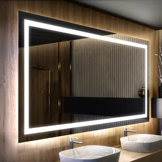 Badspiegel 80x60 cm - Horizontal mit LED Beleuchtung - LED Farbe Kaltweiß 7000K - L15 - Individuell Nach Maß - Beleuchtet Wandspiegel Lichtspiegel Badezimmerspiegel - Transparent