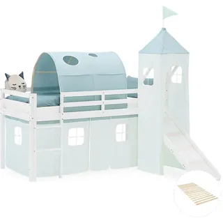 Homestyle4u Hochbett 90/200 cm in weiß Rutsche Bettvorhang Turm Tunnel Mint Lattenrost , Textil , Kiefer , 90x200 cm , Babymöbel & Kindermöbel, Kinderzimmer & Jugendzimmer, Kinderbetten, Hochbetten