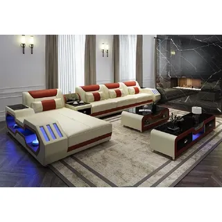 Wohnlandschaft Ecksofa Design Polster LED - Beige, Orange
