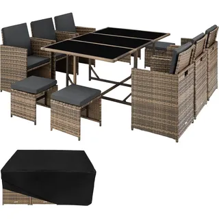 tectake Rattan Sitzgruppe Malaga 6er+4er+1er Set - Inkl. Schutzhülle, Naturfarbe, Tisch 167x109,5x73 cm, Wetterfest, Polyrattan , Naturfarben , Kunststoff , Rechteckig , Gartenmöbel, Gartengarnituren, Gartenmöbel-Sets
