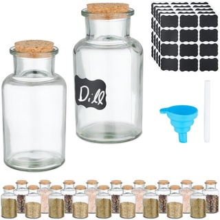 Relaxdays Gewürzgläser 20er Set, Korkdeckel, Gewürzdosen Glas, 250 ml, inkl. Etiketten, Stift & Trichter, transparent, Kork, Silikon