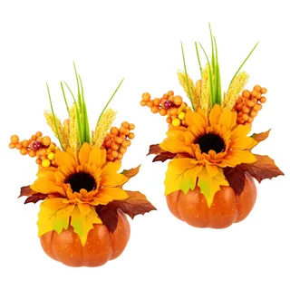 Arrangement mit künstlicher Sonnenblume Beeren Kürbis Kunstblume Kunstpflanze Deko Herbstdeko Herbstblumen Seidenblumen Gesteck Tischdeko Halloween dekorierter Kürbis Sommergesteck Blumen Mittelstück