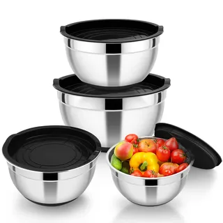 HaWare Rührschüssel 4er Set, Edelstahl Schüssel Salatschüssel mit Luftdichtem Deckel und Silikonboden, Ideal zum Kochen Backen Aufbewahrung, Stapelbar & Spülmaschinenfest, 4,6L/2,8L/1,5L/0,7L-Schwarz
