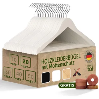 Blumtal - Kleiderbügel aus Holz, Weiß, 20 Stück – Kleiderbügel aus Holz rutschfest – für Erwachsene mit 360° drehbarem Haken aus Chrom – mit 2 Kerben – mit Rutschfester Aufhängung, weiß
