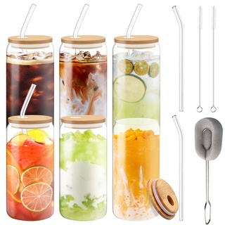 TAVADA Bubble Tea Becher mit Deckel und Strohhalm,6 Stück Trinkgläser mit Deckel,500ml Mason Jar Trinkglas,Smoothie gläser für Milchshakes Säfte Smoothies Biere