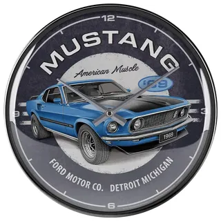 Nostalgic-Art Retro Wanduhr, Ø 31 cm, Ford Mustang – 1969 Mach 1 Blue – Geschenk-Idee für Ford-Zubehör Fans, Original Lizenzprodukt (OLP), Große Küchenuhr, Vintage Design