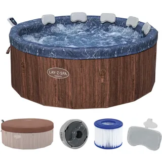 Bestway Lay-Z-SPA Whirlpool Toronto AirJet, Ø190x70cm, 7 Personen, Energiesparend, Heizung, Frostwächter, 180 AirJet-Düsen, App-Steuerung, UltraFit-Pumpeneinheit, Abdeckung, Holz-Optik, Palisander