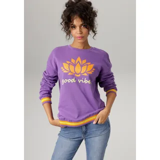 Sweatshirt ANISTON CASUAL, Damen, Gr. 46, bunt (lila, orange, limette), angeraute Sweatware, Obermaterial: 100% Baumwolle, bedruckt, gestreift, lässig geschnitten hüftbedeckend, Rundhals, Rippstrickbündchen, Sweatshirts Sweatshirt, Frontdruck mit abstrakter Seerose und Schriftzug, Topseller