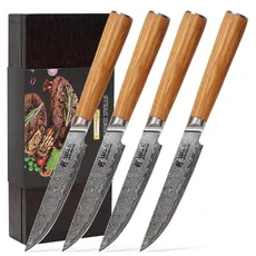 Wakoli Oribu 4er Damast Steakmesser-Set mit 12,50 cm Klingen gefertigt aus 67 Lagen Damaststahl mit Olivenholzgriffen I edle Damastmesser für Steaks, Grillgut oder als Tafelbesteck