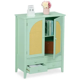 Relaxdays Sideboard, Rattan-Optik, 4 Schubladen, 2 Schrankfächer, HBT 90x70x34 cm, Wohnzimmer, Küche, Flur, türkis/natur