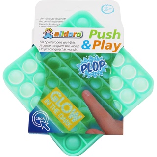 alldoro 63069 Play Silikon Fidget Spielzeug ca. 12 cm eckig, Pop it Anti Stress Fingerspielzeug, Bubble Push Toy für Stressabbau, für Kinder und Erwachsene, Glow in The Dark Grün, Quadrat