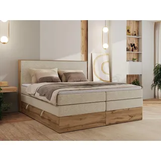MKS MEBLE Boxspringbett WOOD CLASSIC KING, Doppelbett mit zwei Multipocket-Matratze und Topper T25, hohe Kopfteil, Stauraum - 200 x 200 cm - H3 - Creme Struktur - Creme