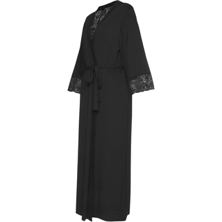 Kimono LASCANA, Damen, Gr. 40/42, schwarz, Single-Jersey, unifarben, Langform, Hausmäntel Kimono, mit edlen Spitzendetails