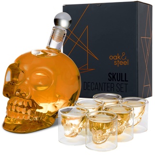 Oak & Steel - Whisky Karaffe Geschenkset für Männer - Totenkopf Dekanter (700ml) mit 6 Schnapsgläsern (75ml) - Valentinstag, Vatertag, Geburtstag, Weihnachten