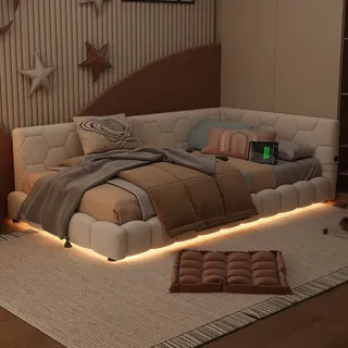 Flieks Polsterbett 90x200cm mit USB, Schlafsofa mit Lattenrost, Tagesbett Daybett Jugendbett mit LED, Gästebett Sofabett Einzelbett, Samt, Weiß - Weiß