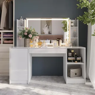 Vicco Schminktisch Sherry Weiß/Weiß Hochglanz 158.2 cm 4 Teile, Model 57650 - Weiß,