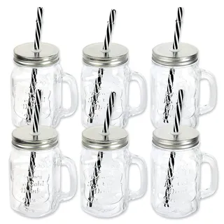 Schramm® 6 Stück Trinkgläser mit Deckel, Henkel und Mehrweg -Strohhalm Trinkhalm wiederverwendbar (iii) in 4 Varianten wählbar Glas Gläser Trinkglas Cocktail Drinking, Farbe:Silber