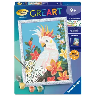 Ravensburger CreArt 12023186 - Kakadu - Malen nach Zahlen für Kinder ab 9 Jahren, Malset mit Rahmen, Pinsel, Acrylfarben, Geschenk für Mädchen und Jungen, mit Glitzer
