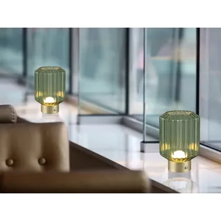 2er SET kleine Akku Tischlampen ohne Kabel mit Glas Lampenschirm Grün, Höhe 19cm