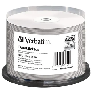Verbatim DVD-R 16x Wide Inkjet Professional 4.7GB, DataLifePlus, 50er Pack Spindel, DVD Rohlinge bedruckbar, 16-fache Brenngeschwindigkeit & lange Lebensdauer, DVD-R printable, DVD leer