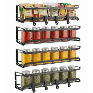 VINATO 4er Gewürzregal Wand Ohne Bohren,Schwarz Hängend Spice Rack, Metall Gewürzstände für Küche, Pantry, Bad