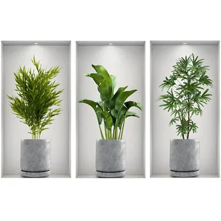 RDTOK 3 Stück 3D Wandtattoos, Selbstklebende Grüne Pflanzen Vasen Blumen Wandbilder für Wohnzimmer Schlafzimmer Küche Büro, Wasserdichte PVC Wandsticker Wandaufkleber 23 x 45 cm (B)