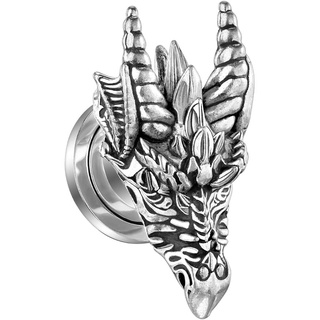 beyoutifulthings Ohr-Tunnel Silber Drachen-Kopf Ohr-Piercing Ohr-Schmuck Plug Screw Fit Schraub-Verschluss 10-mm