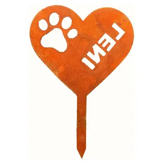 Personalisierbarer Edelrost Gartenstecker Herz mit Pfote, Pfotenherz, Hundeherz