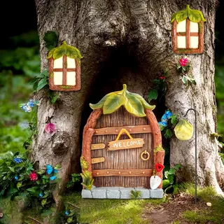 Feirdhoo Feenhaus Gartendeko, Feentür und Baumtür für Gärten, 4 Stück Feentür Harzmaterial Wichteltür Outdoor Im Dunkeln, Harz Miniatur Feengarten Elfen Tür Skulptur Statuen Glühen im Dunkeln