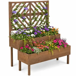 HOMASIS Blumenkasten mit Rankgitter, Pflanzkübel mit 2 Rankkästen, Hochbeet Pflanzkasten mit Spalier & Drainageloch, Pflanzgefäß aus Tannenholz für Kletterpflanzen, für Balkon Garten Terrasse (Braun)