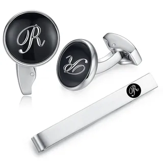 HONEY BEAR manschettenknöpfe & krawattennadel Krawattenklammer Set Initialen Buchstabe Herren Edelstahl Hochzeit Cufflinks Manschettenknopf Schwarz (R)