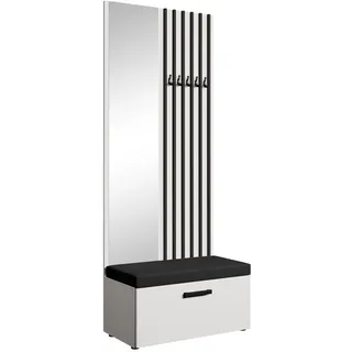 Garderobe MARGARET II , Farbe: Weiß + Schwarze Lamellen + Schwarz, mit Spiegel - Weiß, Schwarz