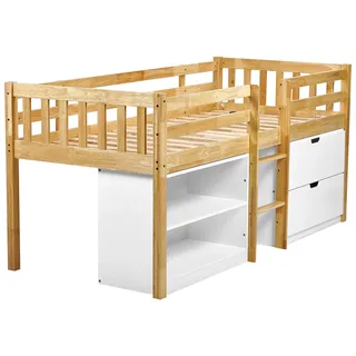 BELIANI Kinderbett Hellbraun u. Weiß Gummibaumholz mit Lattenrost 90x200 cm Schubladen Regalsystem Modern Kinderzimmer Jugendbett Einzelbett Hochbett - Braun, Weiß