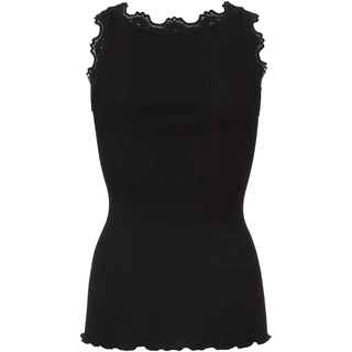 Spitzentop ROSEMUNDE "Babette Silk Top mit Seide", Damen, Gr. M, schwarz, Feinstrick, Obermaterial: 70% Seide, 30% Baumwolle, unifarben, körpernah hüftbedeckend, Rundhals, Tops Spitzentop, Vintage-Spitzenbesatz, mit Rundhalsausschnitt, hoher Seidenanteil