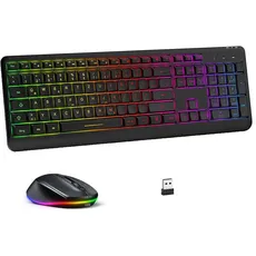 seenda Kabellose Tastatur und Maus beleuchtet, Wiederaufladbare Funktastatur mit Maus mit Regenbogen-Hintergrundbeleuchtung für PC/Laptop/MacBook, USB Verbindung, QWERTZ Layout(Schwarz)