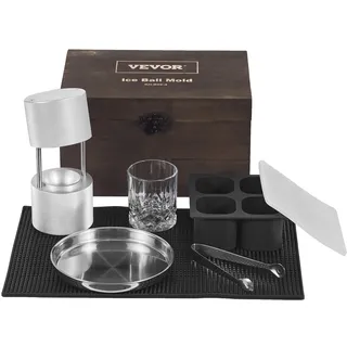 VEVOR Eiswürfelbereiter Eiswürfelformen Satz 60 mm, Eiswürfelform Eiskugelform mit Tropfschale & Eiszange & Glas, Strapazierfähige Eiswürfelformen Eiswürfelbehälter Silber Whisky, Americano