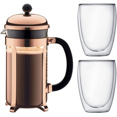Bodum K1928-18-1 Chambord Set Kaffebereiter 8 Tassen mit 2 Gläser 35 cl Doppelwand Pavina, Chrom, 1 Liter, Pink, 14.9 x 26.8 x 32.5 cm