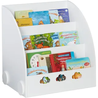 Relaxdays Bücherregal Kinder, HBT: 60 x 58 x 45 cm, Kinderbücherregal mit Wolkenmotiv, 3 Fächer, MDF, Kinderregal, weiß