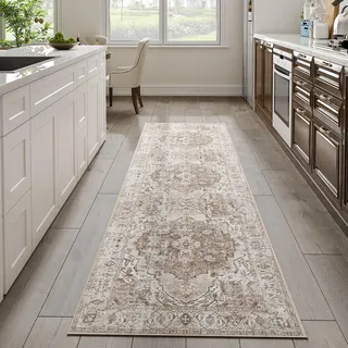 TOPICK Läufer 60x300cm Braun Area Teppich Wohnzimmerteppich Vintage Multi Blumendruck rutschfest Dünner Waschbar Teppich Bodenbelag Faltbar für Innenbereich Büro Schlafzimmer Küche