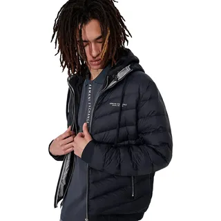 Armani Exchange Men's Hooded Quilted Down Milano/New York Logo Zip-up Jacket,Blue, Large