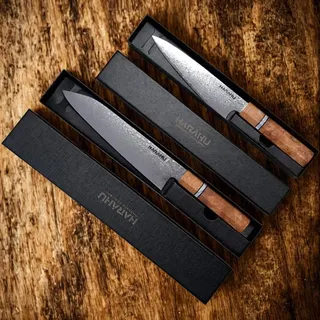 Set Damast Küchenmesser EE-39210 - 2 Stück mit braunem Holzgriff KP39210 - Braun, Silber