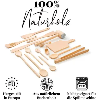 tuuli Küchenhelfer Set Holz Buche (6x Kochlöffel, 4x Pfannenwender, Honiglöffel, Grillzange, Schneidebrett, Fleischhammer, Gewürzlöffel)