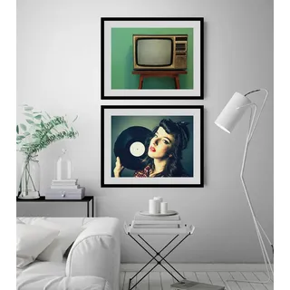 Bild QUEENCE "Vinyl", schwarz (farbe rahmen: schwarz, farbe bild(er): schwarz), B:70cm H:50cm, Acrylglas, Holz, Papier, Bilder, Bild, HD Premium Poster-Druck inkl. Holzrahmen