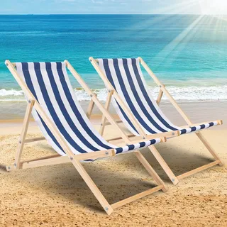 TolleTour 2X Liegestuhl Gartenstuhl Klappstuhl Kieferholz Holz Klappbar Relax Stoff Deck Blau weiß - Blau