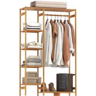 HOMCOM Kleiderständer Garderobenständer mit Kleiderstange, Schuhablag, Regal, Garderobe aus Bambus für Schlafzimmer, Ausstellungen, Waschküche, Naturholz