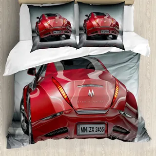 ABAKUHAUS Autos Bettbezug Set, Red Sports Car Konzept Design Realistische leistungsstarke Motor Fahrzeuggeschwindigkeit Automobil, 200 x 200 cm + 80 x 80 cm, Schwarz Grau Rot